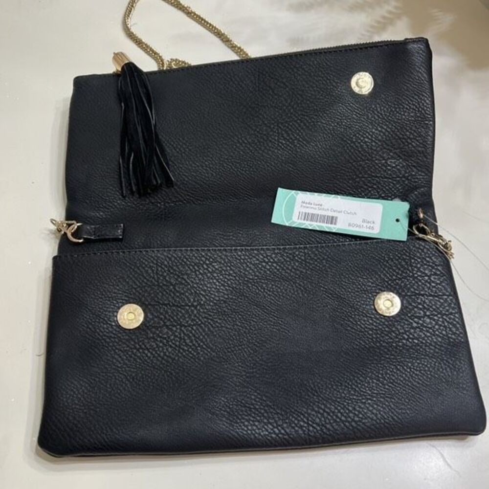 Moda Luxe Women's Leather Gold Chain Link Strap Clutch Crossbody Bag Black NWT - Picture 3 of 9